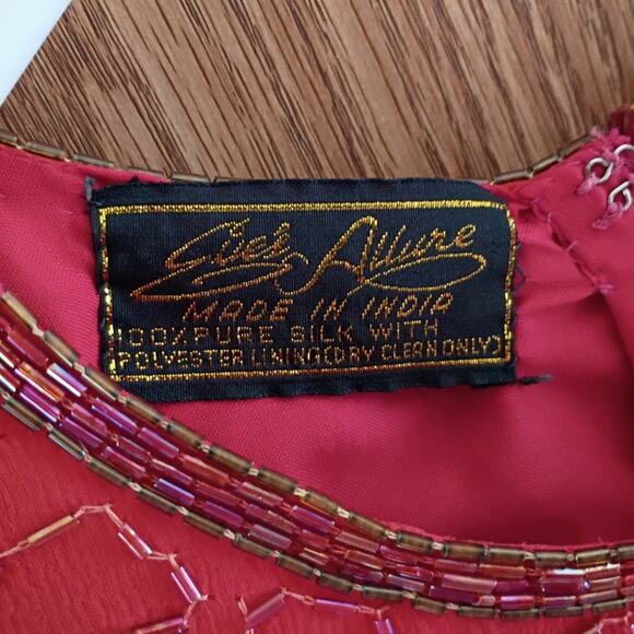 Vntg silk beaded red gold india dress eve’s allure 80s 90s glam holiday xl ml - Picture 7 of 15
